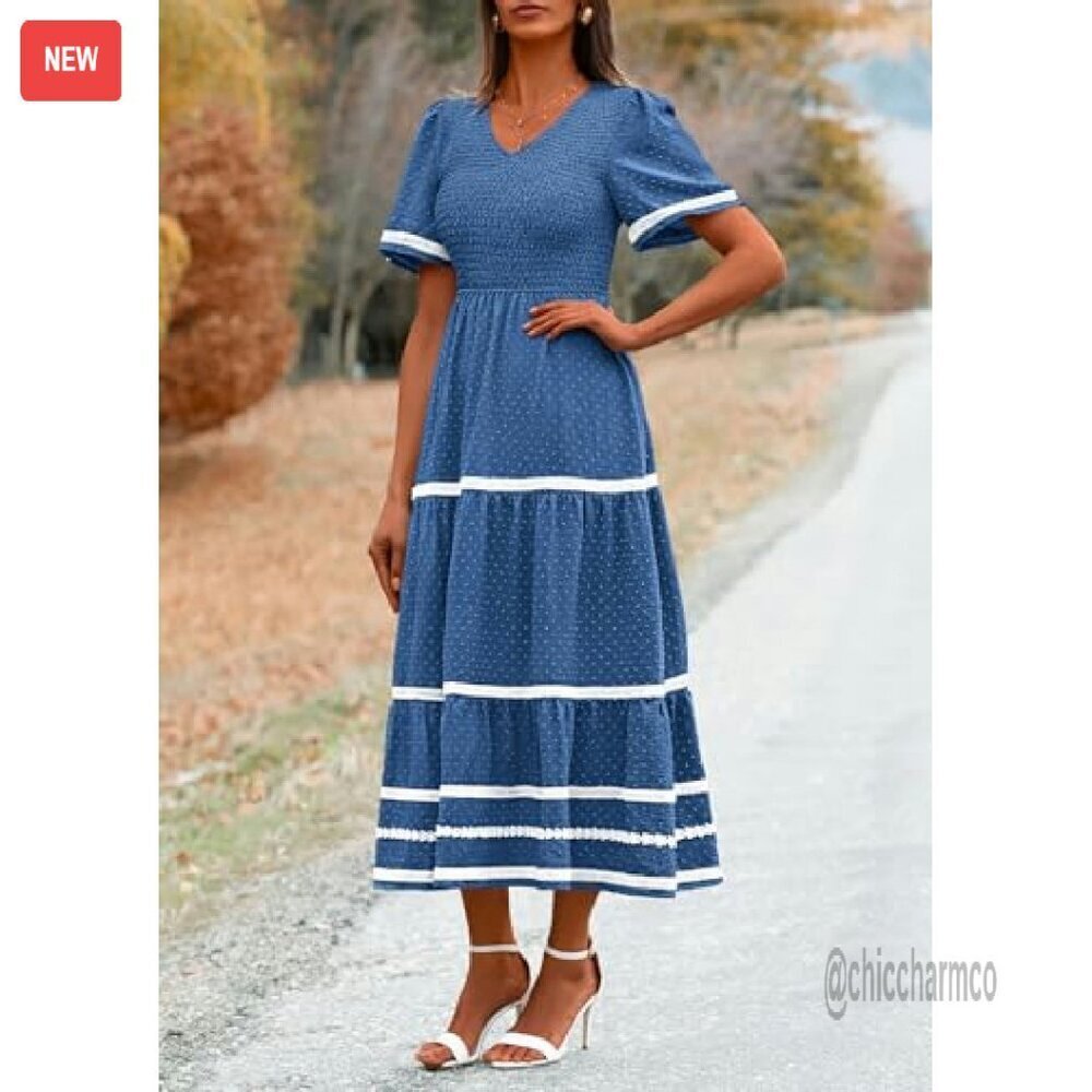 Women's Casual Maxi Dress Short Sleeve V Neck Smocked Flowy Beach - Picture 4 of 8